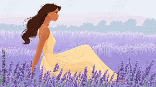 Woman in light yellow dress sits amid lavender, mountains behind, calm serene landscape, soft hues, rolling hills, distant blue sky