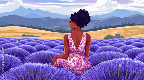 A woman with dark skin in a floral pink dress sits among lavender fields at dusk