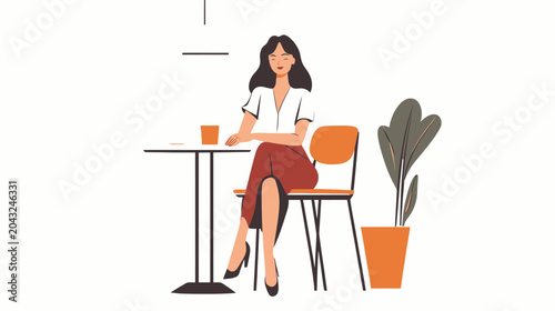 A woman in a white blouse and red skirt sits at a round table with a vase, orange chair, and potted plant against a white background