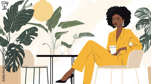 Stylish woman in a yellow suit lounges with coffee among tropical plants. alive!