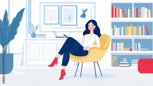 A woman in red heels sits in a yellow chair, typing on a phone, surrounded by a modern living room with a bookshelf, framed art, and a laptop on a desk beside a potted plant