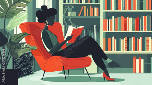 Stylish woman reading a red book in a teal-green library lounge. with plants now