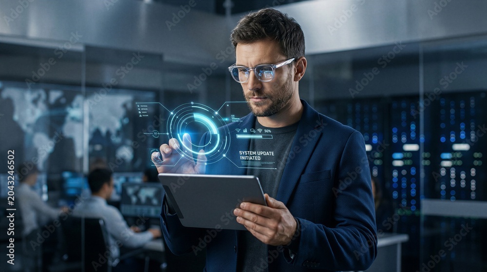 Fototapeta premium Professional IT specialist monitors a system update on his digital tablet in a high-tech data center environment.