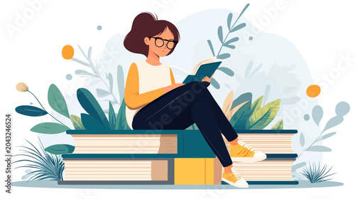 Female reader on books reads surrounded by flora in warm-hued illustration