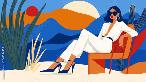Stylized desert scene with a woman in white suit relaxing upon an orange chair