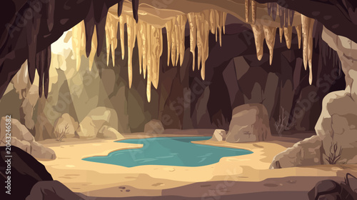 A dim cave interior with hanging stalactites and a turquoise pool glow,lit well