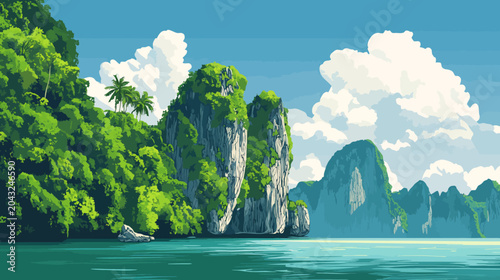 Vibrant tropical seascape with emerald cliffs, palms, turquoise water, blue sky