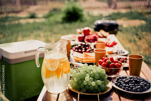 Canvastavla Summer picnic table with pitcher of lemonade and fresh fruit bowl on a backyard