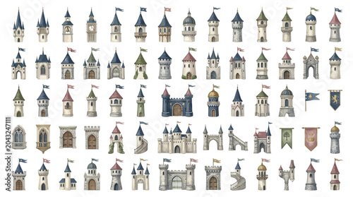 Fotografie Collection of Watercolor Castles and Towers with Flags.