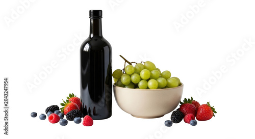 A black wine bottle standing next to a bowl of green grapes and fresh berries isolated on transparent background