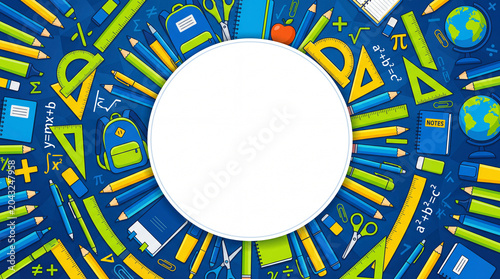 Blue back to school background with colorful school supplies, pencils, rulers, backpack and globe arranged in circle frame with white round copy space for education banner, student sale or classroom