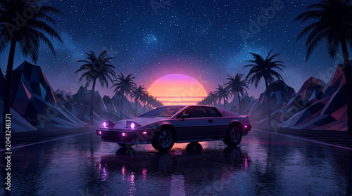 Retro synthwave background with a classic sports car on a wet road at sunset with palm trees 