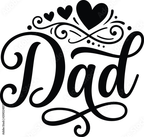 Elegant 'Dad' Typography with Hearts and Swirls on White Background