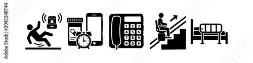 Fotografie Elderly Care and Home Safety Grunge Icon Set
