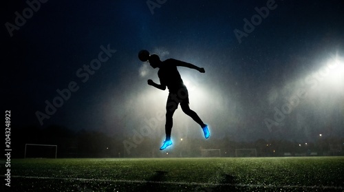 A silhouette of a soccer player heading a ball under stadium lights during a night game, showcasing athletic prowess and intense competition