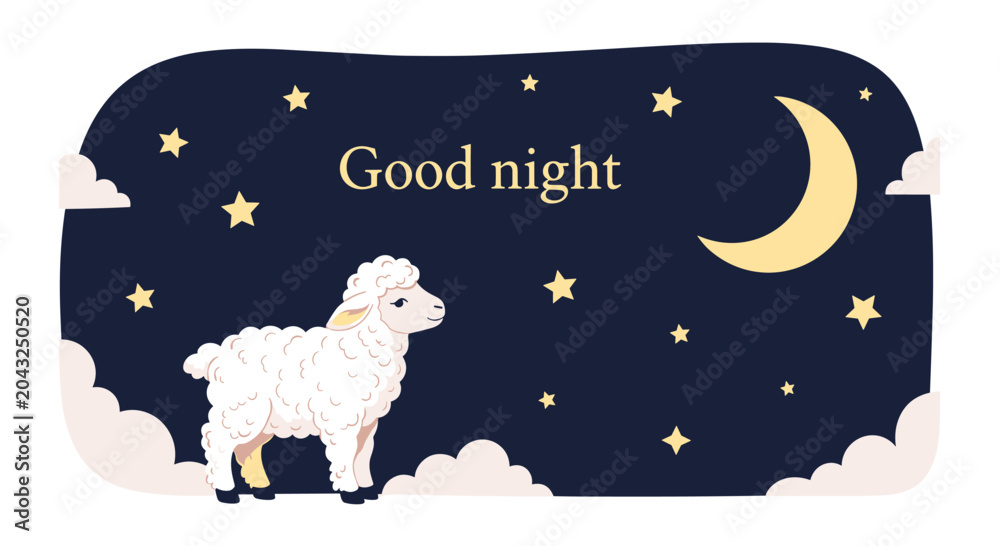 Fototapeta premium Cute bedtime illustration with a white sheep standing under a crescent moon and stars with clouds on a dark night sky background.