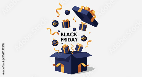 Black Friday promotional illustration with gift boxes ornaments and ribbons popping out of an open blue box on a light background.