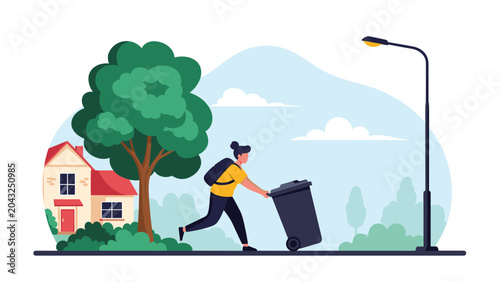 Responsible woman taking out a black trash bin to the street near her house, promoting waste management and cleanliness.