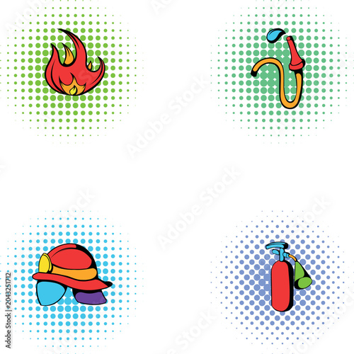 Icons illustrating essential fire safety equipment and elements for protection
