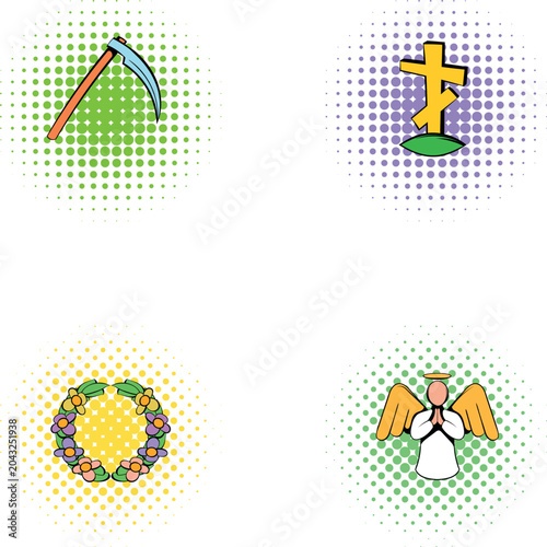 Canvas Print Comic style vector icons representing concepts of death, religion, and remembran