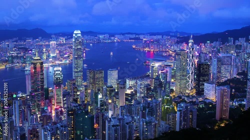 Hong Kong Peak. Stunning cityscape timelapse of Hong Kong of China.
Overviewing from Peak at Hong Kong Island to Kowloon Peninsula with commercial and residential buildings.
