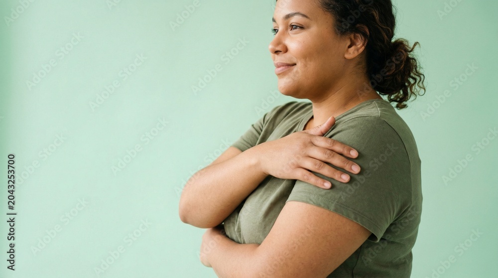 Obraz premium African American woman in green t-shirt stands with arms crossed, smiling softly against a light green background, showcasing a relaxed and confident demeanor