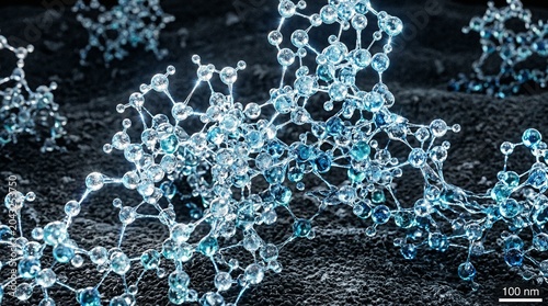 Molecular structure visualization of interconnected blue and transparent atoms on a dark background, showcasing intricate details at a nanoscale level