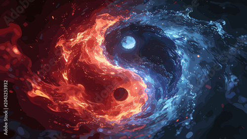 Tableau sur toile A visually stunning depiction of the Yin and Yang symbol, rendered as swirling vortexes of fire and water, representing the balance of opposing forces in the universe