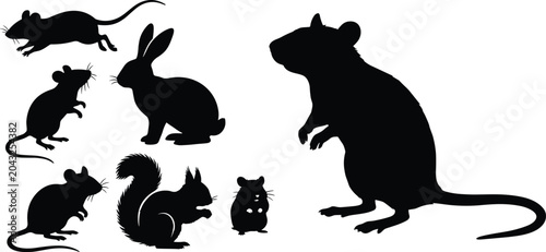 Canvas Print Black silhouette collection of small rodents including rats mice rabbit and squi