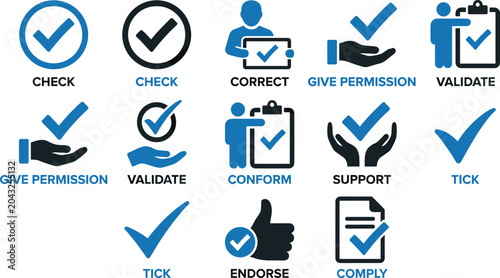 фотографія Quality assurance symbols including validation compliance endorsement correct check and permission symbols