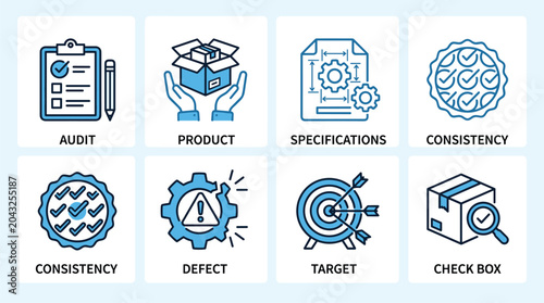 Foto Quality control and industrial management icons for audit product specifications consistency defect target