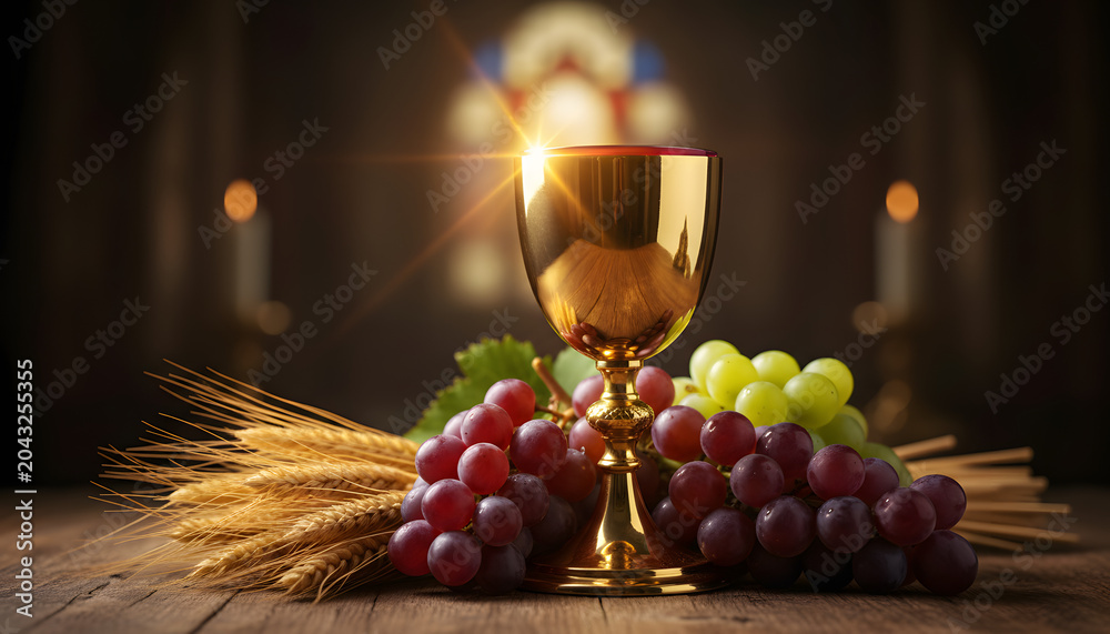 Obraz premium Sacred Corpus Christi Celebration with Golden Chalice and Grapes