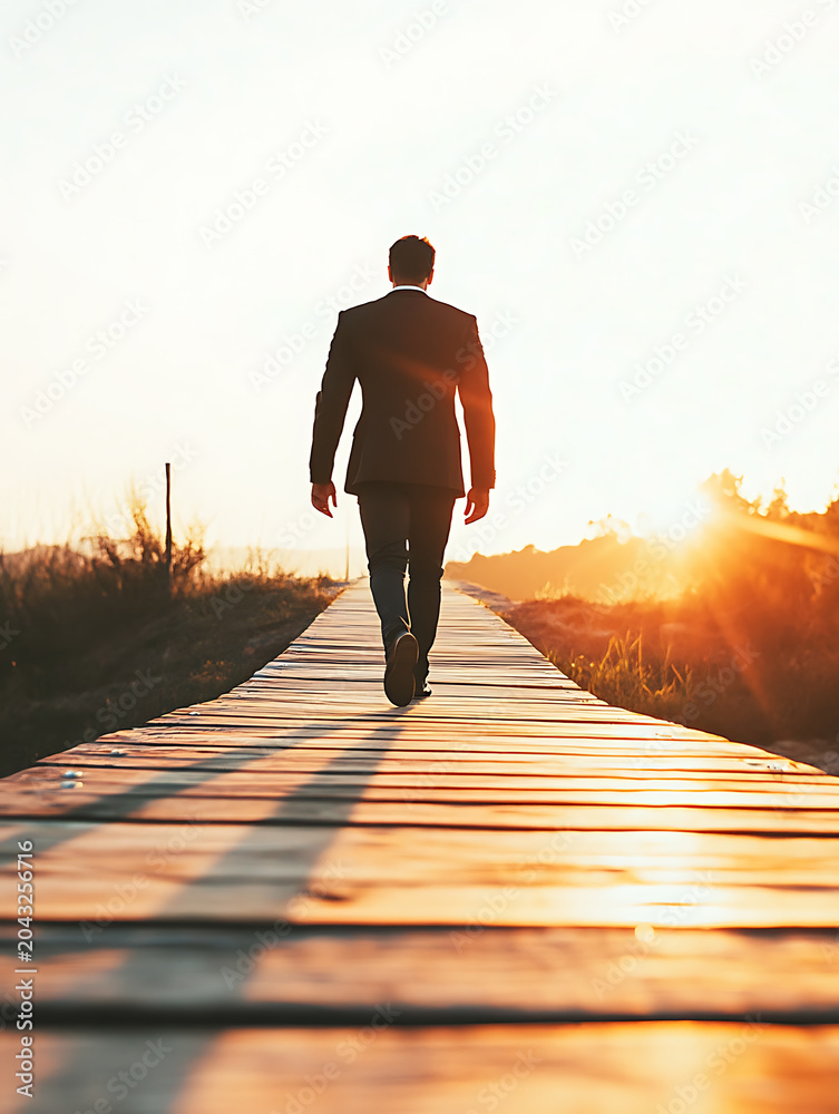Obraz premium Man in suit walking on wooden boardwalk towards sunset with golden light