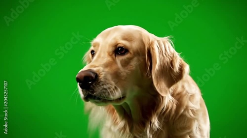 Gentle golden retriever dog looking to the side against a vibrant green background