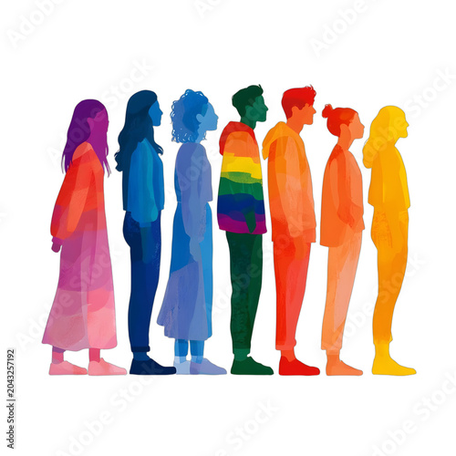 Silhouette of Diverse People in Colorful Outfits