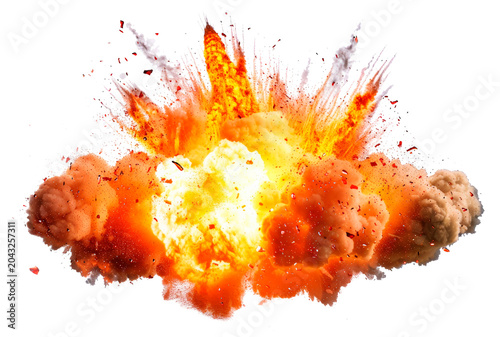 Explosion in a cityscape during daylight with smoke and fire effects in the background