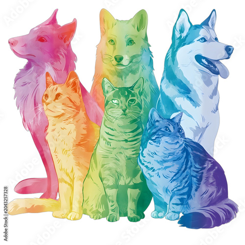 Colorful Illustration of Cats and Dogs