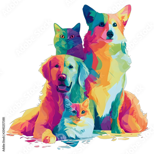 Colorful Illustration of Dogs and Cats Together