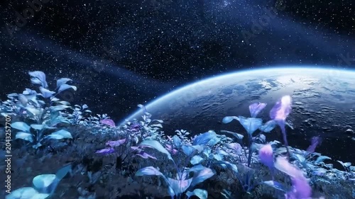 Alien flora thrives under distant cosmic glow with a majestic planet overhead.