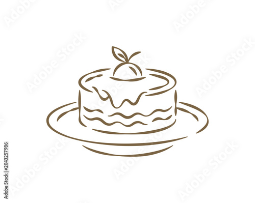 A yummy hand drawn doodle of a layered cake dessert on a plate, topped with sweet cream and a cherry. delicious vector illustration is perfect for a bakery menu, a pastry shop logo, or a birthday card