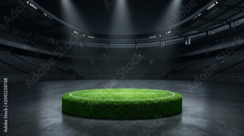 Elegant Hyper Realistic Commercial Photography Of A Round Green Turf Product Podium In A Minimalist Stadium Setting