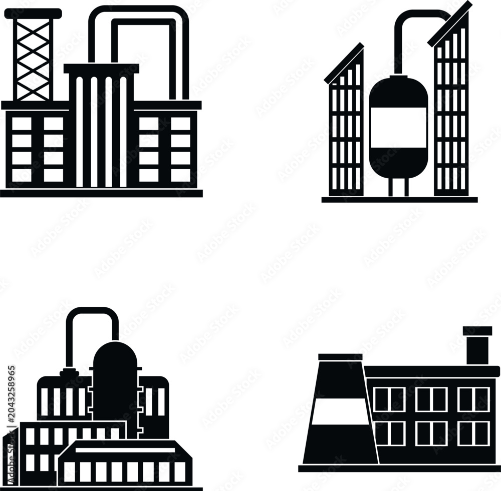 Obraz premium Collection of generic black factory buildings illustrating industry and production processes