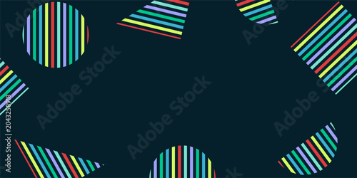 Geometric background with colorful striped shapes, abstract dark blue vector banner with bright neon memphis style elements and central copy space for retro 90s events, club flyers, and web design.