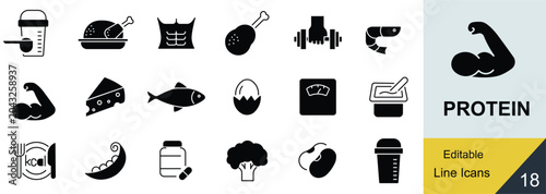 Fotografía Protein food and fitness icons set, 18 black solid vector symbols for bodybuildi