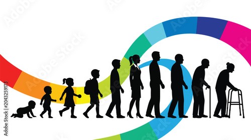 Vector illustration of human life cycle showing growth stages from babyhood to old age silhouette