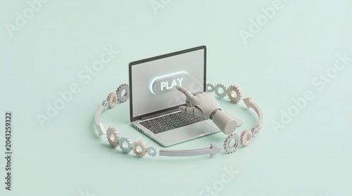 Minimal 3D robot hand clicking a glowing play button on a laptop screen surrounded by a rotating ring of arrows and gear cogs, concept of AI video generation and industrial automation.