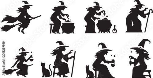 Tableau sur toile Halloween Witch Silhouette Icon Set Vector Illustration Graphics