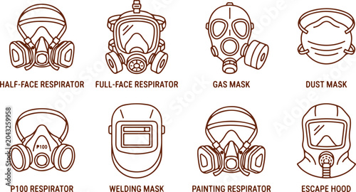 Foto Collection of protective masks including respirators gas masks dust masks welding and escape hoods