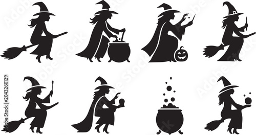 Bild auf Leinwand Halloween Witch Silhouettes Set with Cauldrons and Broomsticks