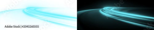 Tableau sur toile Fast neon laser light beams on cyber expressway road, glowing motion swirl effect, blue speed streaks, police silhouette, dynamic wave curve digital illustration design concept art